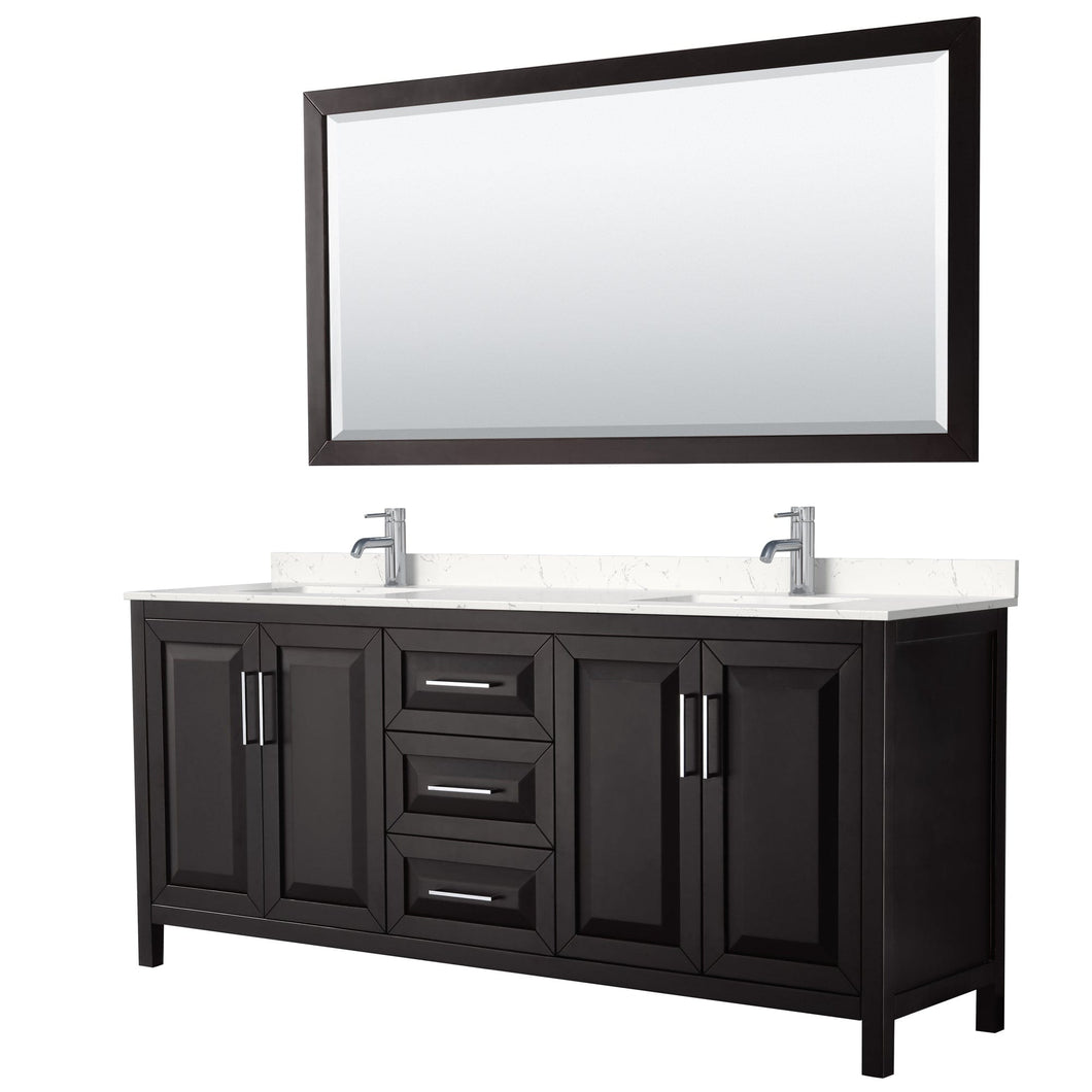 Wyndham Collection WCV252580DDEC2UNSM70 Daria 80 Inch Double Bathroom Vanity in Dark Espresso, Light-Vein Carrara Cultured Marble Countertop, Undermount Square Sinks, 70 Inch Mirror