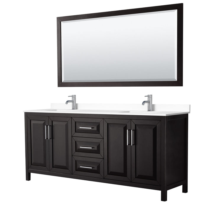 Wyndham Collection WCV252580DDEWCUNSM70 Daria 80 Inch Double Bathroom Vanity in Dark Espresso, White Cultured Marble Countertop, Undermount Square Sinks, 70 Inch Mirror
