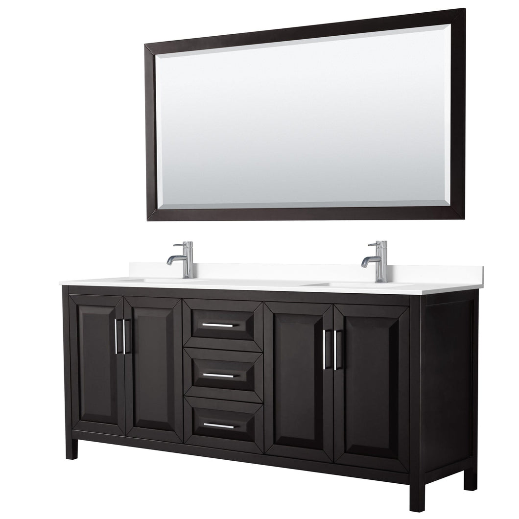 Wyndham Collection WCV252580DDEWCUNSM70 Daria 80 Inch Double Bathroom Vanity in Dark Espresso, White Cultured Marble Countertop, Undermount Square Sinks, 70 Inch Mirror