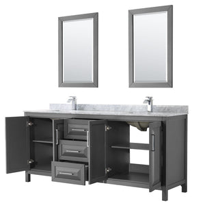 Wyndham Collection WCV252580DKGCMUNSM24 Daria 80 Inch Double Bathroom Vanity in Dark Gray, White Carrara Marble Countertop, Undermount Square Sinks, and 24 Inch Mirrors