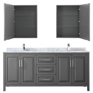 Wyndham Collection WCV252580DKGCMUNSMED Daria 80 Inch Double Bathroom Vanity in Dark Gray, White Carrara Marble Countertop, Undermount Square Sinks, and Medicine Cabinets
