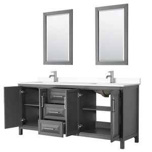 Wyndham Collection WCV252580DKGWCUNSM24 Daria 80 Inch Double Bathroom Vanity in Dark Gray, White Cultured Marble Countertop, Undermount Square Sinks, 24 Inch Mirrors