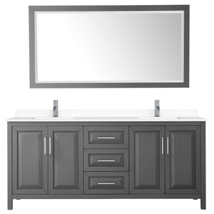 Wyndham Collection WCV252580DKGWCUNSM70 Daria 80 Inch Double Bathroom Vanity in Dark Gray, White Cultured Marble Countertop, Undermount Square Sinks, 70 Inch Mirror