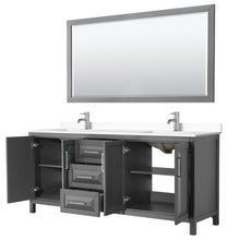 Load image into Gallery viewer, Wyndham Collection WCV252580DKGWCUNSM70 Daria 80 Inch Double Bathroom Vanity in Dark Gray, White Cultured Marble Countertop, Undermount Square Sinks, 70 Inch Mirror