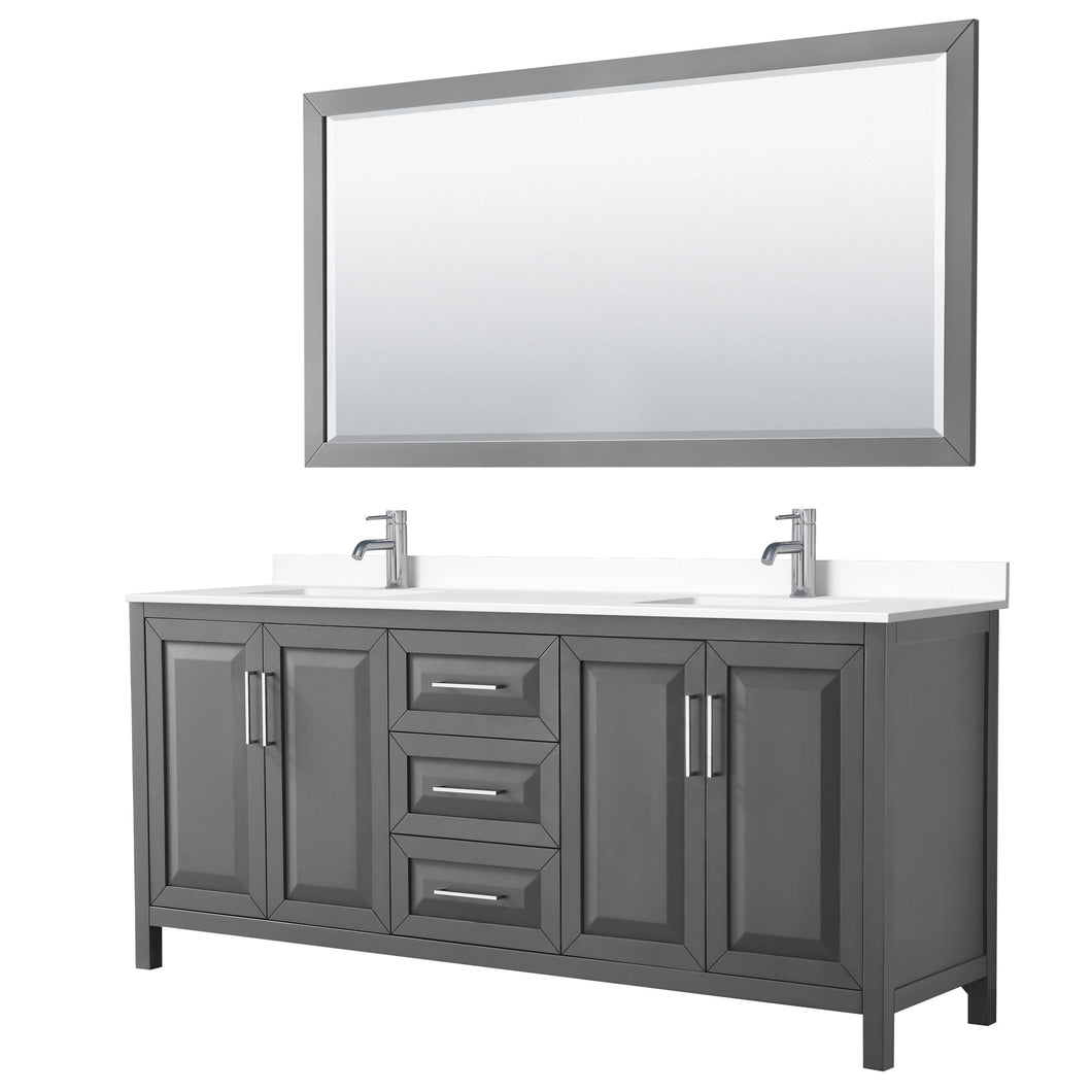 Wyndham Collection WCV252580DKGWCUNSM70 Daria 80 Inch Double Bathroom Vanity in Dark Gray, White Cultured Marble Countertop, Undermount Square Sinks, 70 Inch Mirror