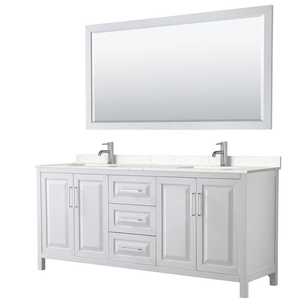 Wyndham Collection WCV252580DWHC2UNSM70 Daria 80 Inch Double Bathroom Vanity in White, Light-Vein Carrara Cultured Marble Countertop, Undermount Square Sinks, 70 Inch Mirror