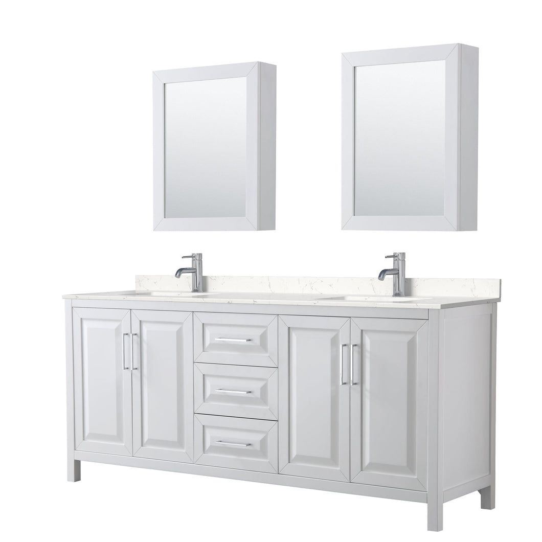Wyndham Collection WCV252580DWHC2UNSMED Daria 80 Inch Double Bathroom Vanity in White, Light-Vein Carrara Cultured Marble Countertop, Undermount Square Sinks, Medicine Cabinets