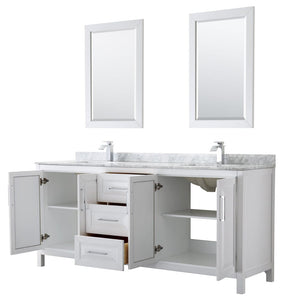 Wyndham Collection WCV252580DWHCMUNSM24 Daria 80 Inch Double Bathroom Vanity in White, White Carrara Marble Countertop, Undermount Square Sinks, and 24 Inch Mirrors