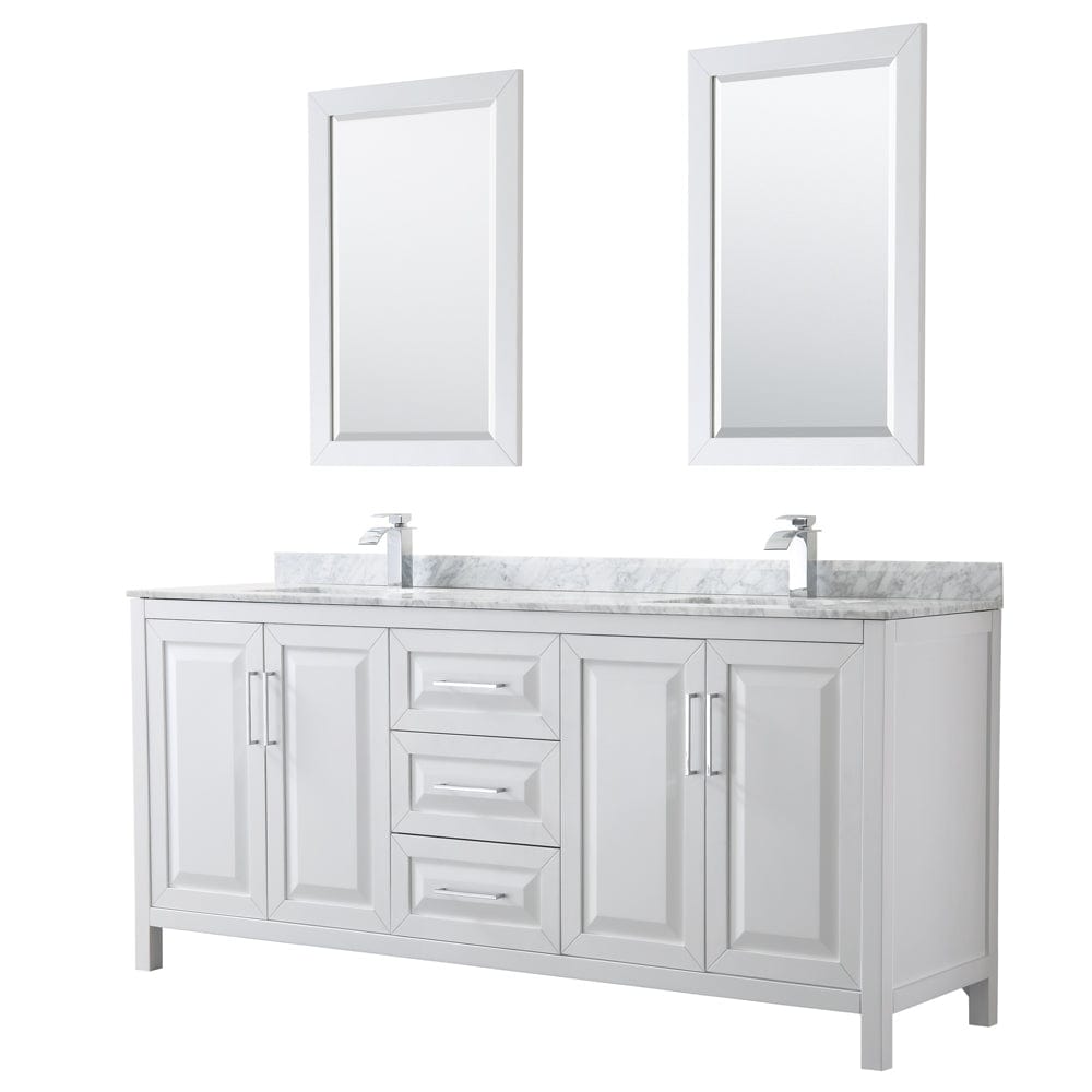Wyndham Collection WCV252580DWHCMUNSM24 Daria 80 Inch Double Bathroom Vanity in White, White Carrara Marble Countertop, Undermount Square Sinks, and 24 Inch Mirrors