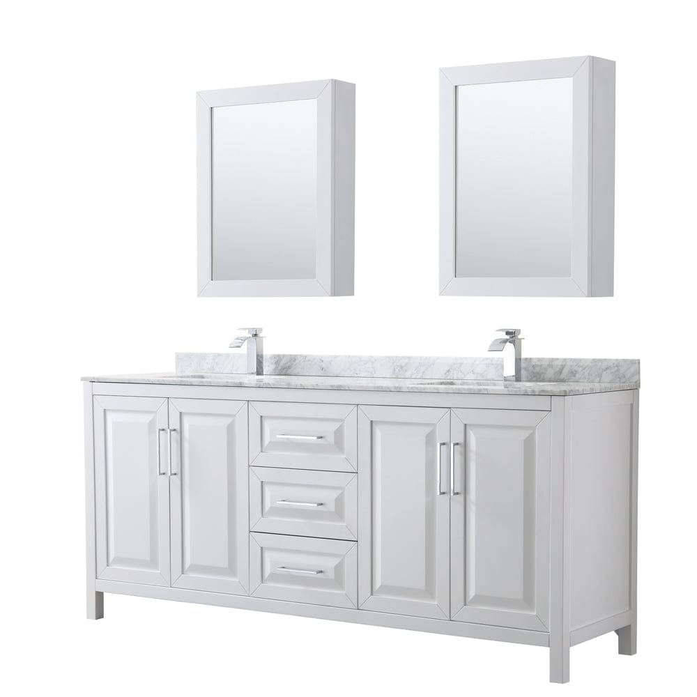 Wyndham Collection WCV252580DWHCMUNSMED Daria 80 Inch Double Bathroom Vanity in White, White Carrara Marble Countertop, Undermount Square Sinks, and Medicine Cabinets