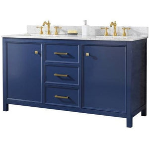 Legion Furniture WLF2160D-B 60" BLUE FINISH DOUBLE SINK VANITY CABINET WITH CARRARA WHITE TOP