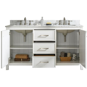 Legion Furniture WLF2160D-W 60" WHITE FINISH DOUBLE SINK VANITY CABINET WITH CARRARA WHITE TOP