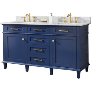Legion Furniture WLF2260D-B 60" BLUE FINISH DOUBLE SINK VANITY CABINET WITH CARRARA WHITE TOP