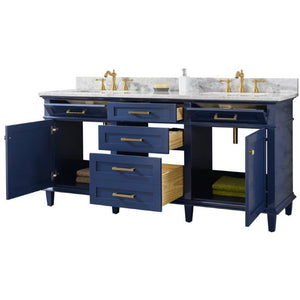 Legion Furniture WLF2272-B 72" BLUE DOUBLE SINGLE SINK VANITY CABINET WITH CARRARA WHITE TOP