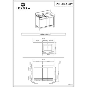 Lexora LZ342242SLISM34FMC Zilara 42" Black and Grey Vanity, Castle Grey Marble Top, White Square Sink, Monte Chrome Faucet Set, and 34" Frameless Mirror