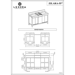 Lexora LZ342255SLISFBG Zilara 55" Black and Grey Double Vanity, Castle Grey Marble Tops, White Square Sinks, and Balzani Gun Metal Faucet Set