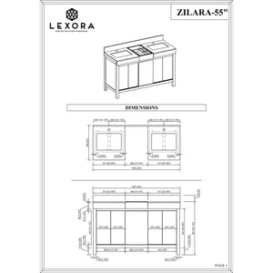 Lexora LZ342255SLISM53FMC Zilara 55" Black and Grey Double Vanity, Castle Grey Marble Tops, White Square Sinks, Monte Chrome Faucet Set, and 53" Frameless Mirror