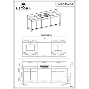 Lexora LZ342284DLISFMC Zilara 84" Black and Grey Double Vanity, Castle Grey Marble Tops, White Square Sinks, and Monte Chrome Faucet Set