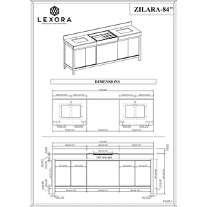 Lexora LZ342284DLISM34 Zilara 84" Black and Grey Double Vanity, Castle Grey Marble Tops, White Square Sinks, and 34" Frameless Mirrors