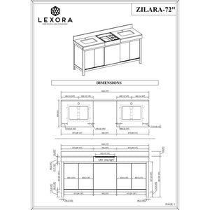 Lexora LZ342272DLISM28 Zilara 72" Black and Grey Double Vanity, Castle Grey Marble Tops, White Square Sinks, and 28" Frameless Mirrors